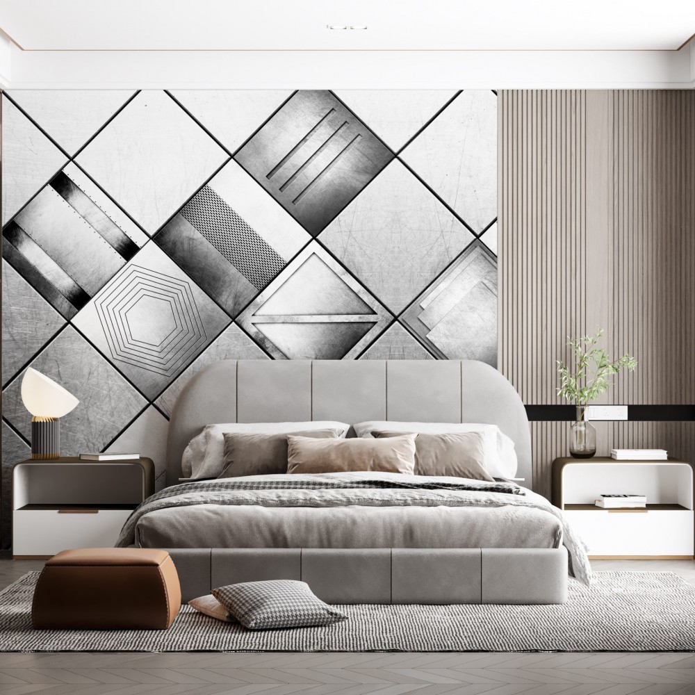 Endüstriyel Metal Plaka Görünümlü ve Geometrik 3D Duvar Kağıdı