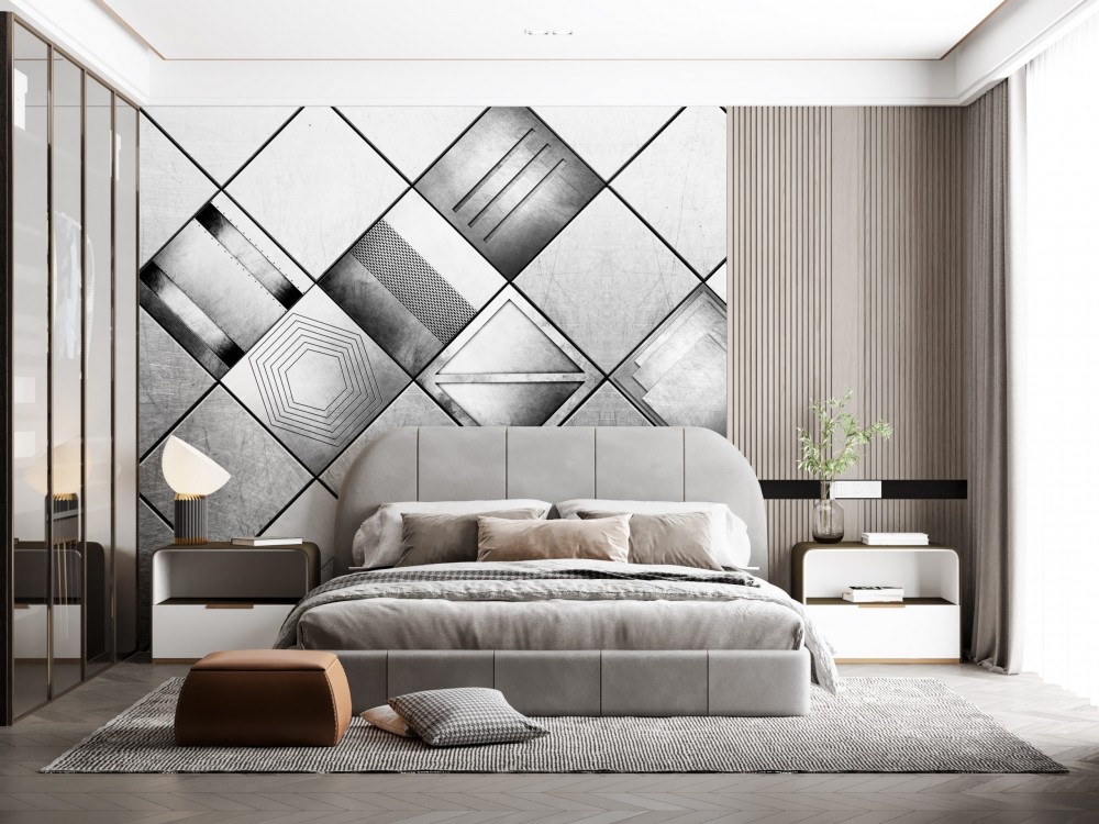 Endüstriyel Metal Plaka Görünümlü ve Geometrik 3D Duvar Kağıdı