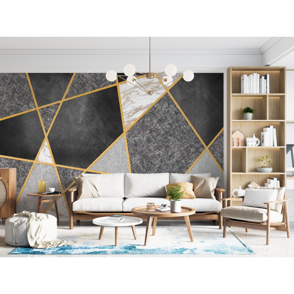 Modern Geometrik Parçalı Mermer ve Altın Şeritli Antrasit Duvar Kağıdı