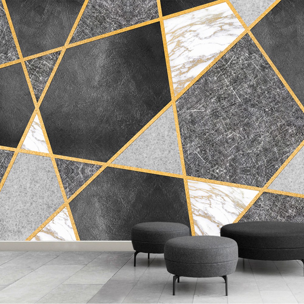 Modern Geometrik Parçalı Mermer ve Altın Şeritli Antrasit Duvar Kağıdı