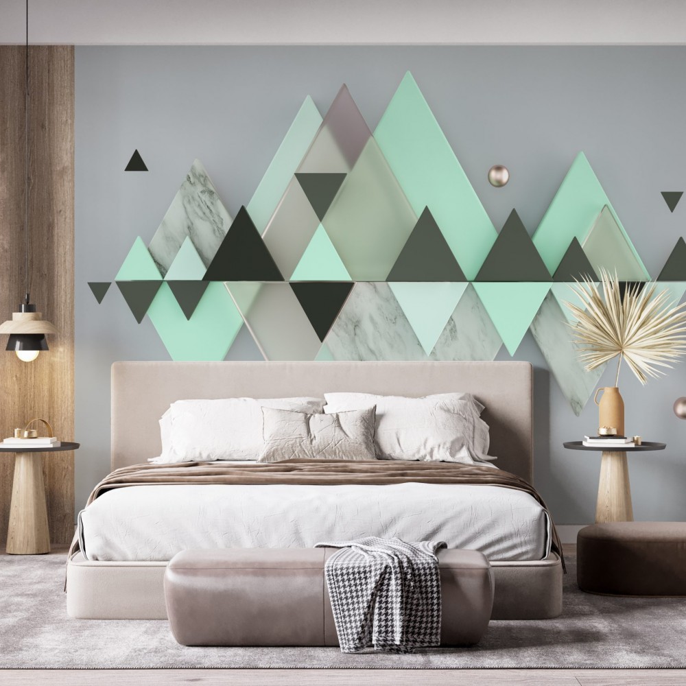 Mint Yeşili, Mermer ve Antrasit Üçgen Formlu Modern Dağ Tasarımlı Duvar Kağıdı