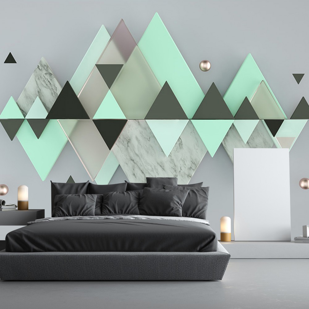 Mint Yeşili, Mermer ve Antrasit Üçgen Formlu Modern Dağ Tasarımlı Duvar Kağıdı