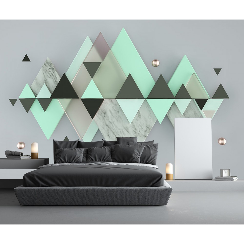 Mint Yeşili, Mermer ve Antrasit Üçgen Formlu Modern Dağ Tasarımlı Duvar Kağıdı