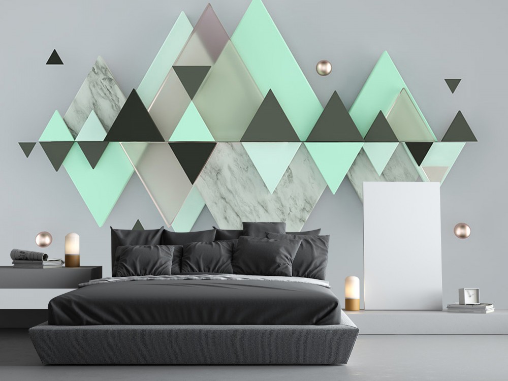 Mint Yeşili, Mermer ve Antrasit Üçgen Formlu Modern Dağ Tasarımlı Duvar Kağıdı