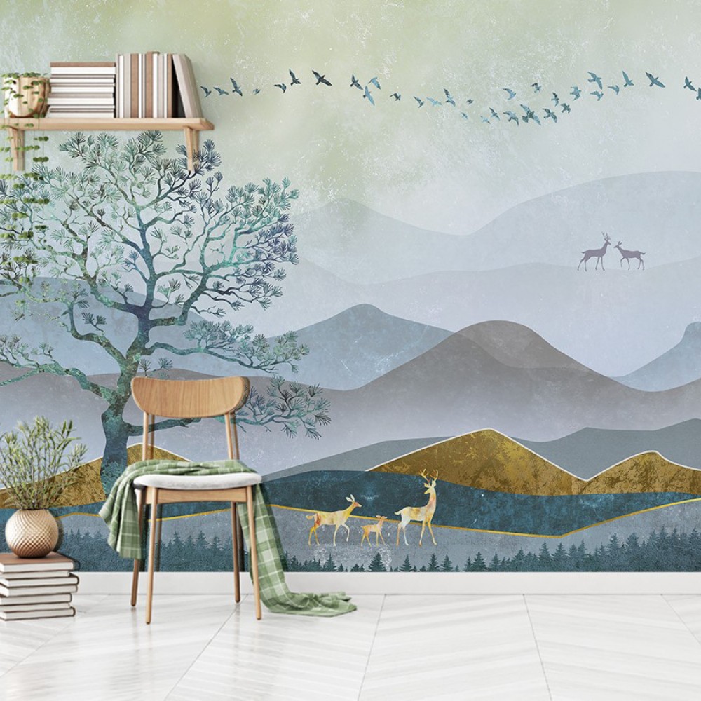 Mistika Doğa: Panoramik Dağ Silüeti ve Estetik Ağaç Figürlü Duvar Kağıdı