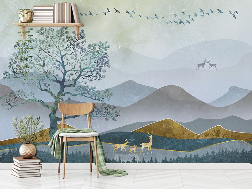 Mistika Doğa: Panoramik Dağ Silüeti ve Estetik Ağaç Figürlü Duvar Kağıdı