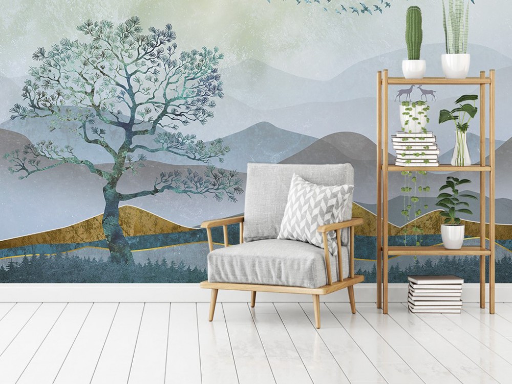 Mistika Doğa: Panoramik Dağ Silüeti ve Estetik Ağaç Figürlü Duvar Kağıdı