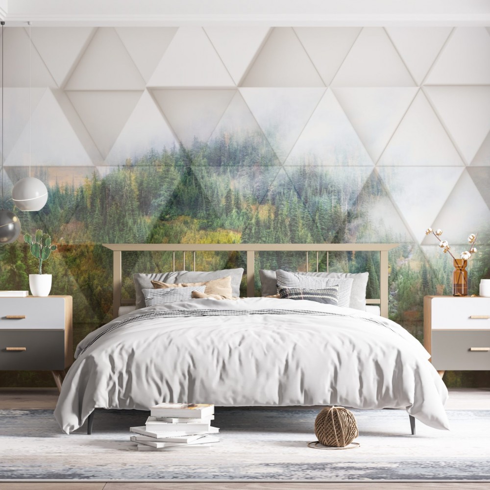 Modern 3D Geometrik Panel ve Sisli Orman Manzaralı Duvar Kağıdı
