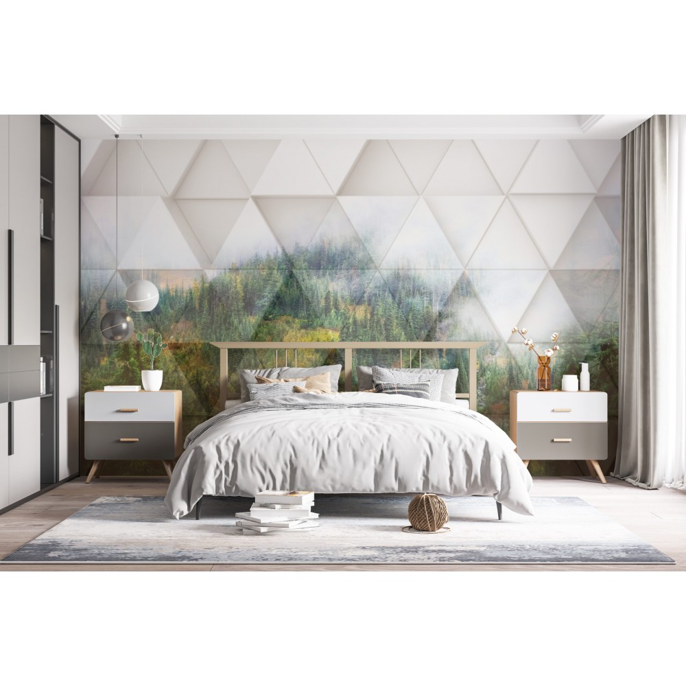 Modern 3D Geometrik Panel ve Sisli Orman Manzaralı Duvar Kağıdı