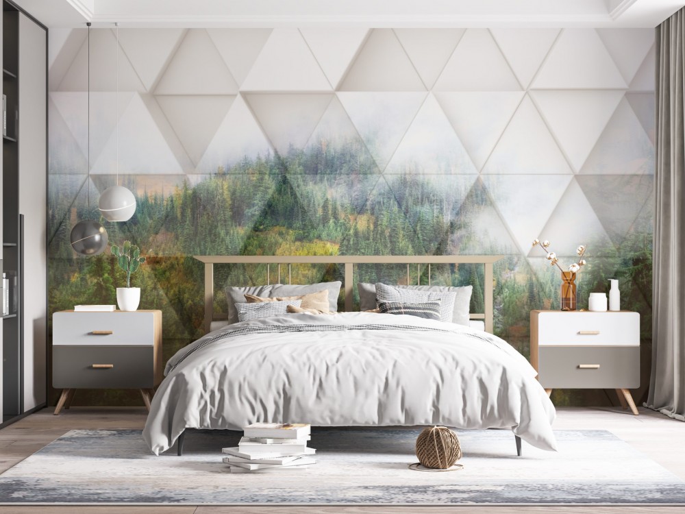 Modern 3D Geometrik Panel ve Sisli Orman Manzaralı Duvar Kağıdı