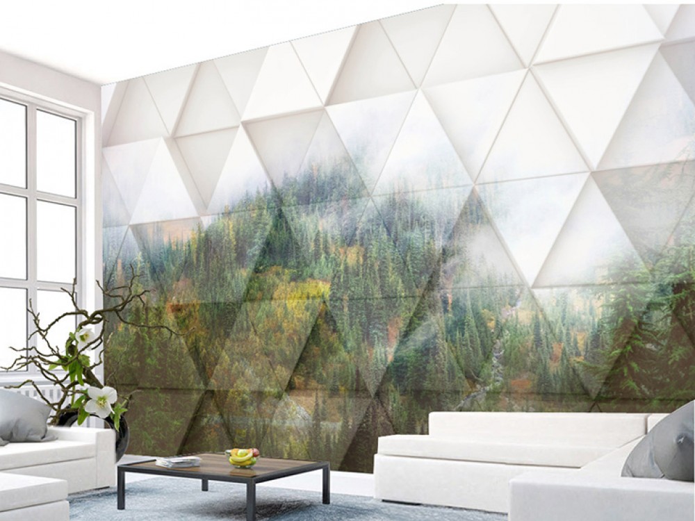 Modern 3D Geometrik Panel ve Sisli Orman Manzaralı Duvar Kağıdı