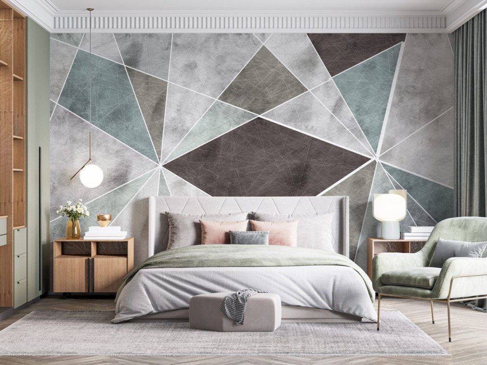 Antrasit, Mint ve Gri Tonlu Parçalı Geometrik Duvar Kağıdı