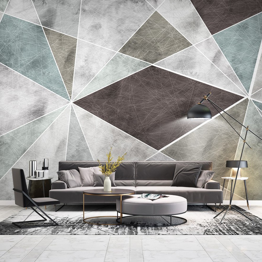 Antrasit, Mint ve Gri Tonlu Parçalı Geometrik Duvar Kağıdı