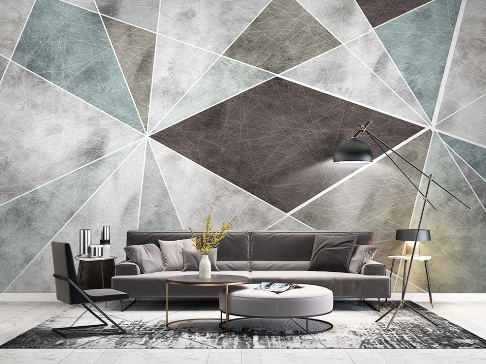 Antrasit, Mint ve Gri Tonlu Parçalı Geometrik Duvar Kağıdı