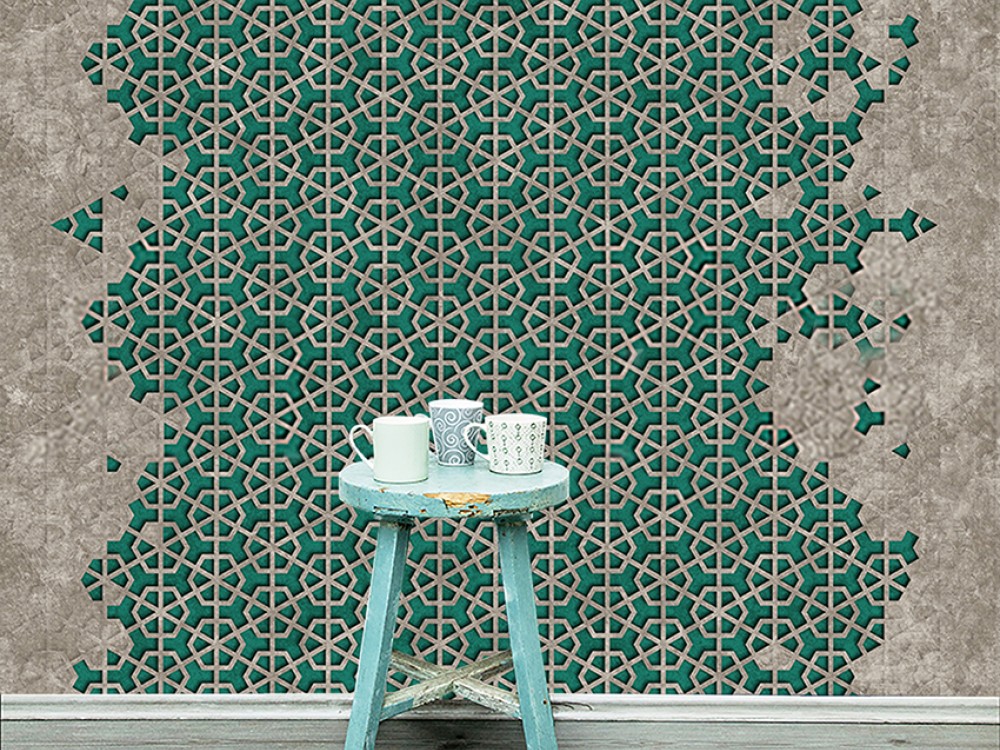 Selçuklu Yıldızı Motifli 3D Derinlik Etkili Beton Dokulu Duvar Kağıdı