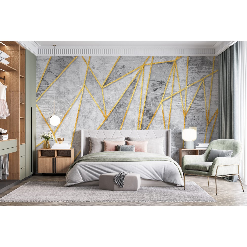 Geometrik Altın Şeritli ve Gri Mermer Dokulu Duvar Kağıdı