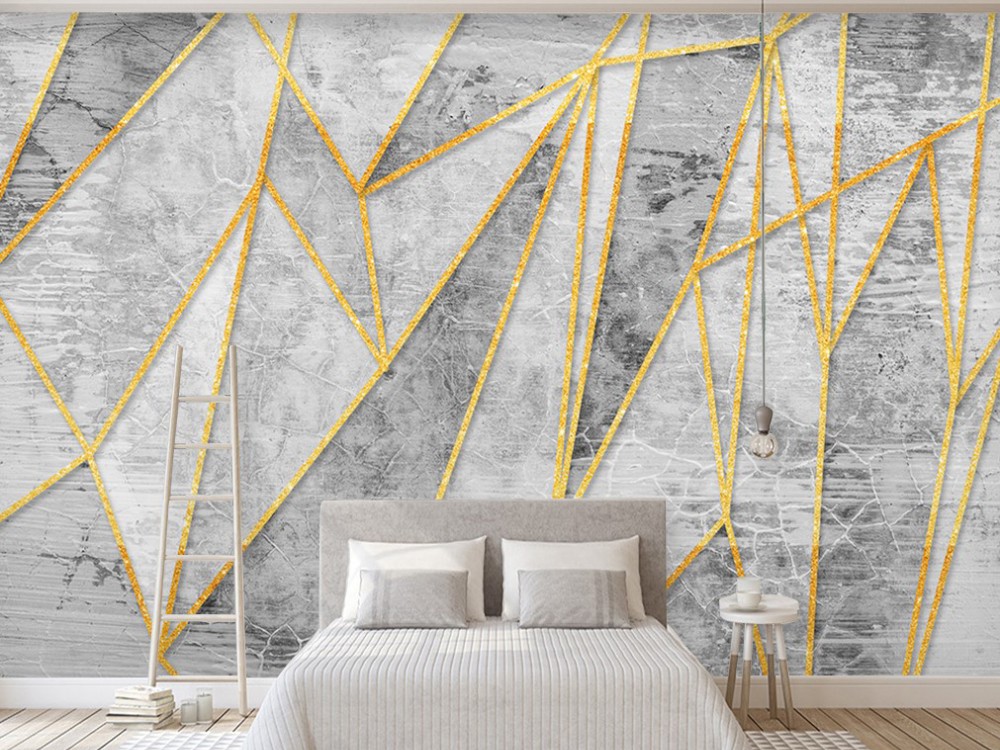 Geometrik Altın Şeritli ve Gri Mermer Dokulu Duvar Kağıdı