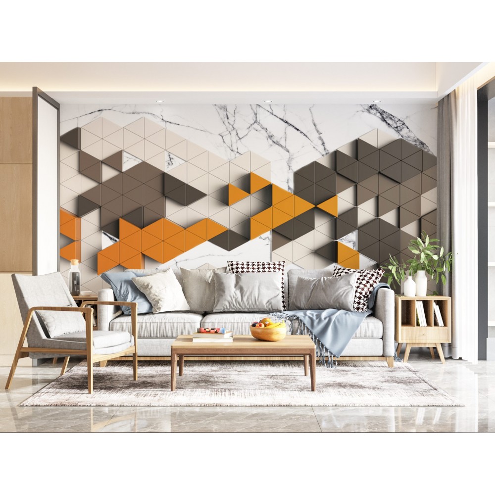 Modern 3D Geometrik Üçgen Bloklar ve Mermer Dokulu Derinlik Etkili Duvar Kağıdı