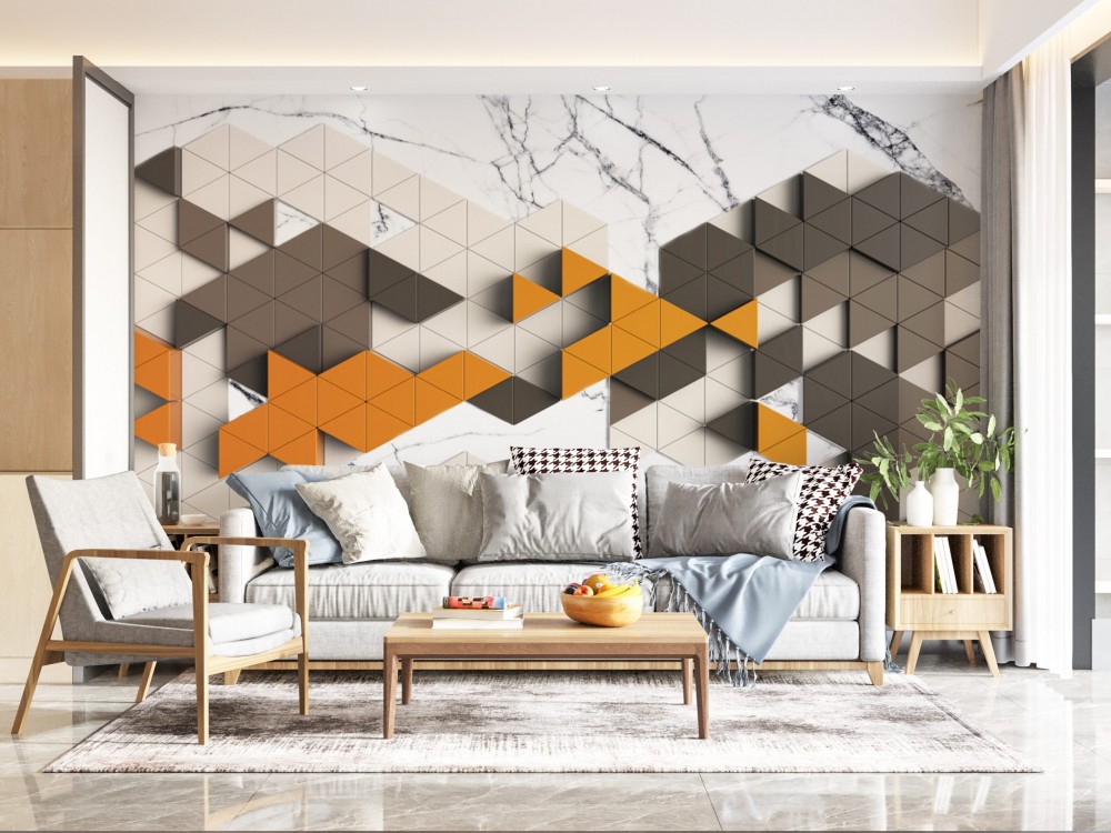 Modern 3D Geometrik Üçgen Bloklar ve Mermer Dokulu Derinlik Etkili Duvar Kağıdı