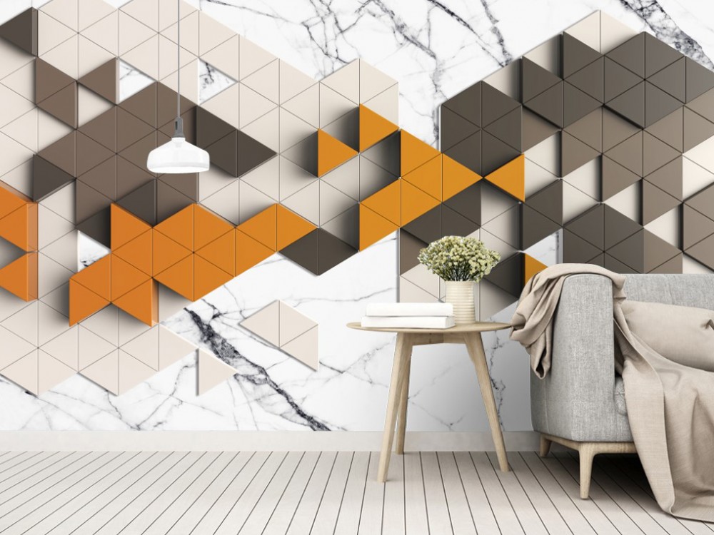 Modern 3D Geometrik Üçgen Bloklar ve Mermer Dokulu Derinlik Etkili Duvar Kağıdı