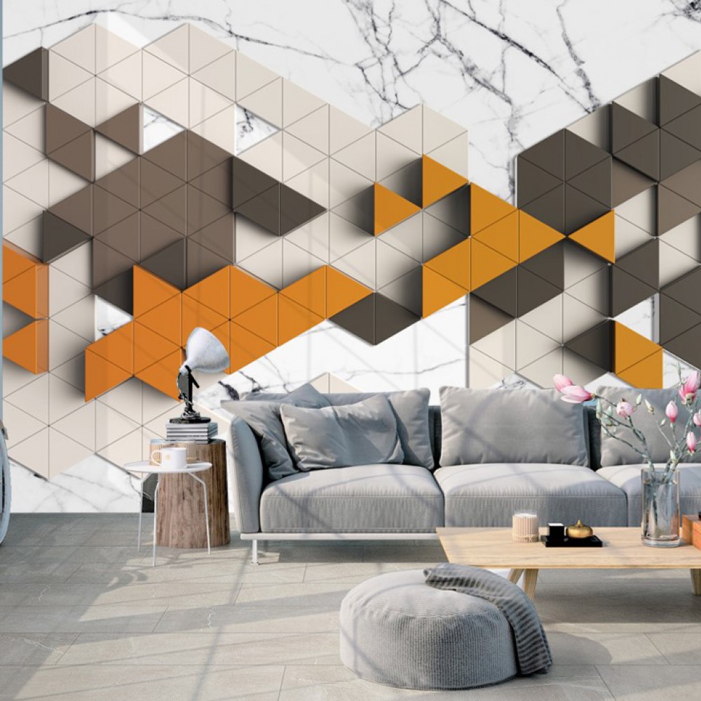 Modern 3D Geometrik Üçgen Bloklar ve Mermer Dokulu Derinlik Etkili Duvar Kağıdı