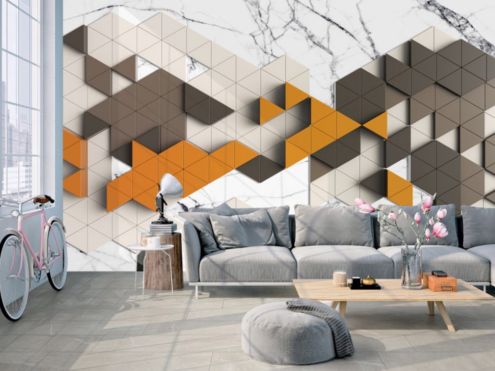 Modern 3D Geometrik Üçgen Bloklar ve Mermer Dokulu Derinlik Etkili Duvar Kağıdı