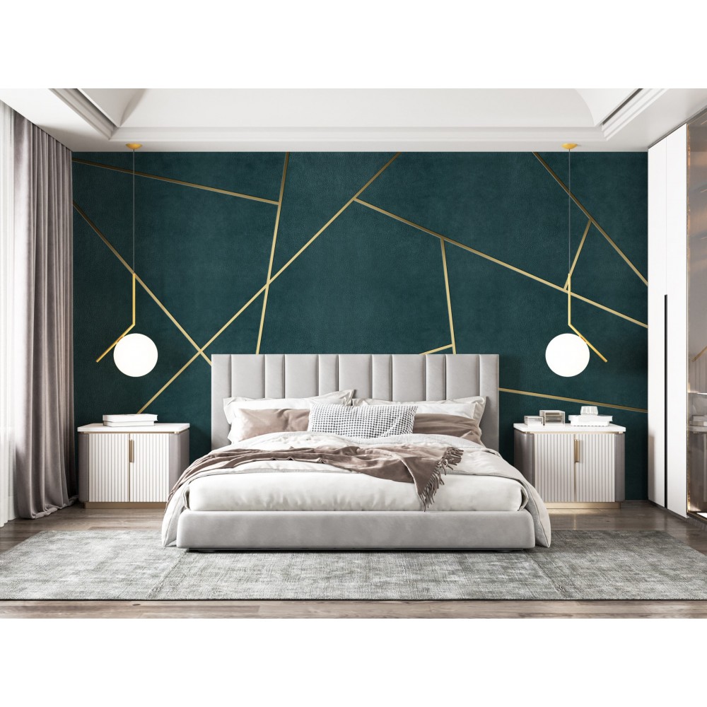 Zümrüt Yeşili Üzeri Asimetrik Gold Çizgili Lüks Duvar Kağıdı