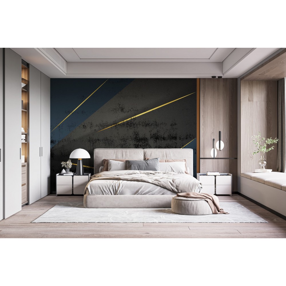 Modern Soyut Geometrik Altın Şeritli Antrasit Beton Dokulu Duvar Kağıdı