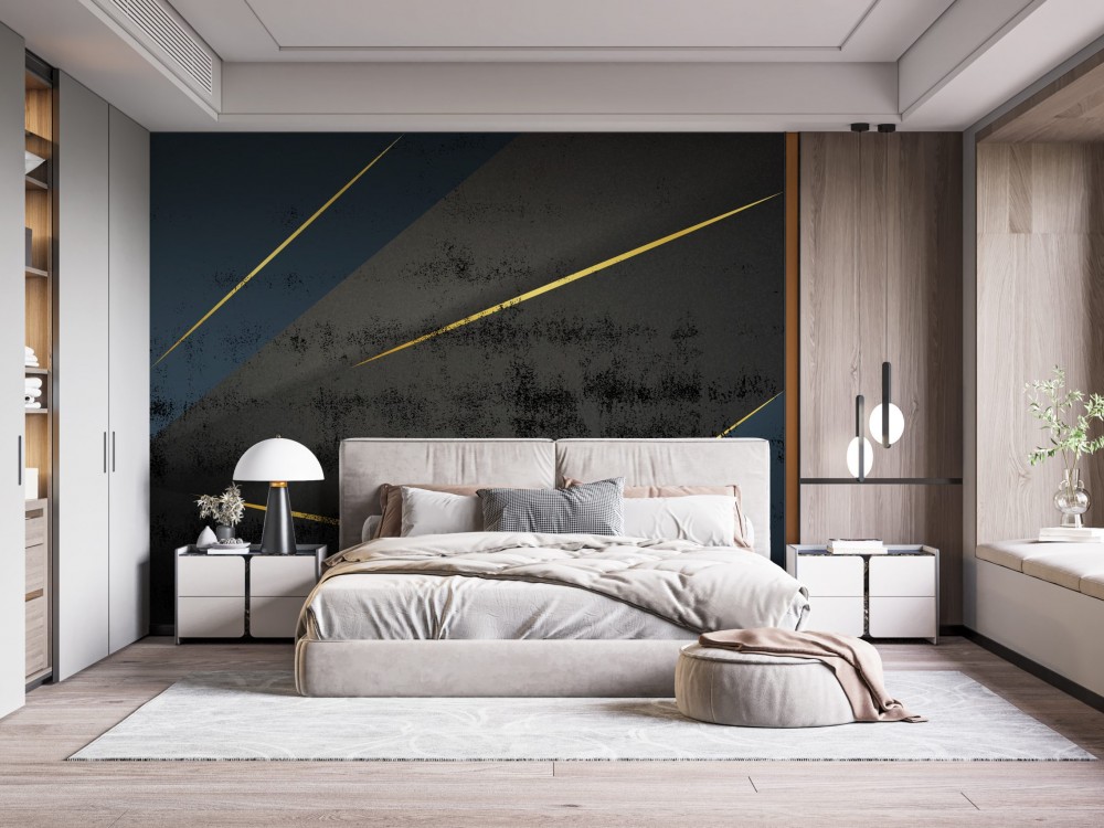 Modern Soyut Geometrik Altın Şeritli Antrasit Beton Dokulu Duvar Kağıdı