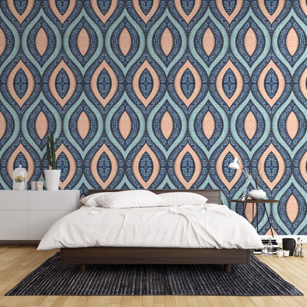 Simetrik Formlu, Etnik Motifli ve Pastel Tonlu Dekoratif Duvar Kağıdı
