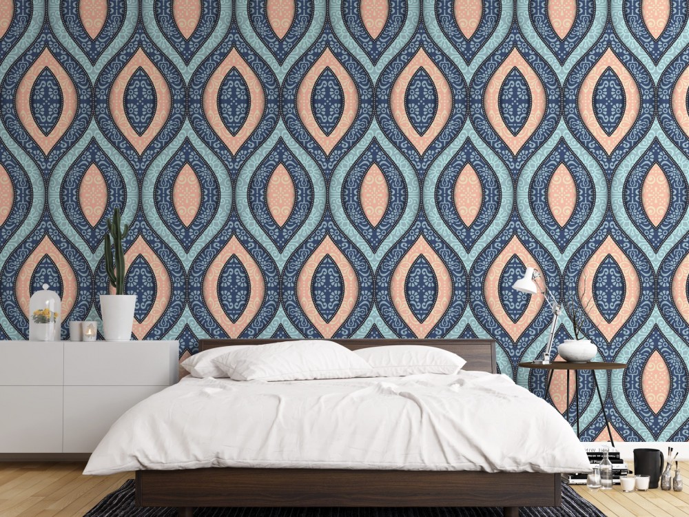Simetrik Formlu, Etnik Motifli ve Pastel Tonlu Dekoratif Duvar Kağıdı