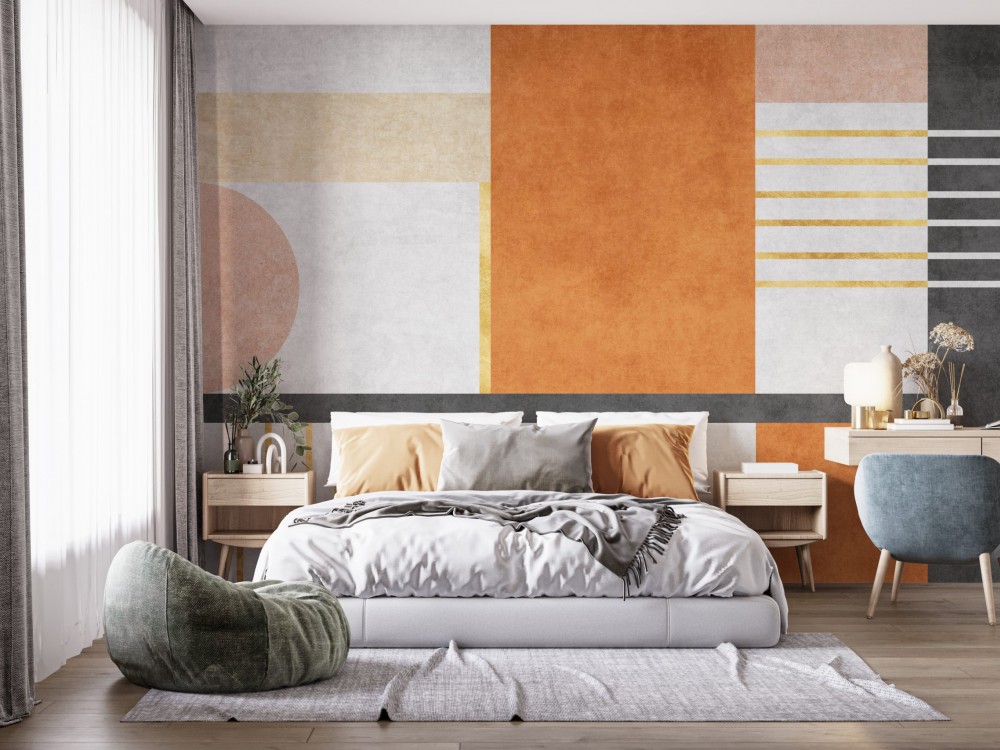 Altın Şeritli ve Geometrik Formlu Sanatsal Duvar Kağıdı