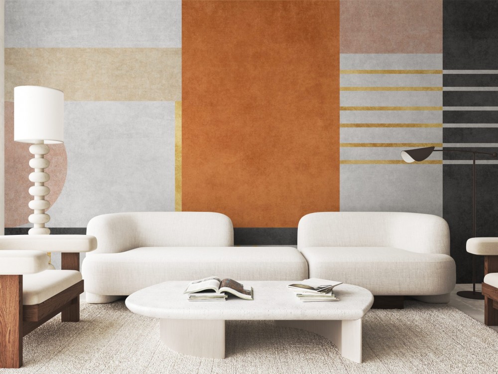 Altın Şeritli ve Geometrik Formlu Sanatsal Duvar Kağıdı