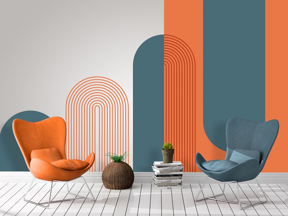 Bauhaus Tarzı Turuncu ve Petrol Mavisi Kemerli Modern Duvar Kağıdı