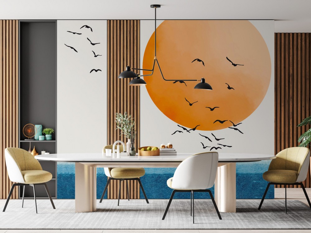 Dev Güneş ve Kuş Sürüsü Temalı Sanatsal Duvar Kağıdı