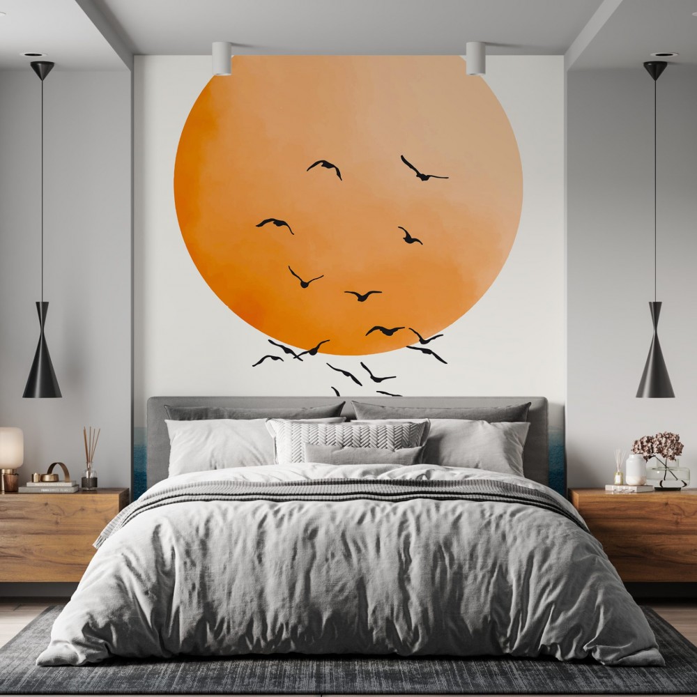 Dev Güneş ve Kuş Sürüsü Temalı Sanatsal Duvar Kağıdı