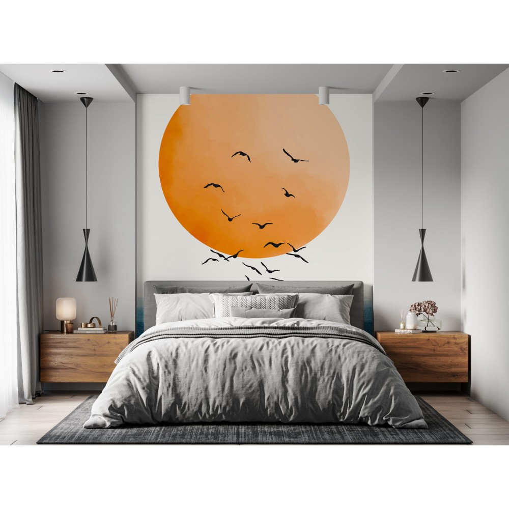 Dev Güneş ve Kuş Sürüsü Temalı Sanatsal Duvar Kağıdı
