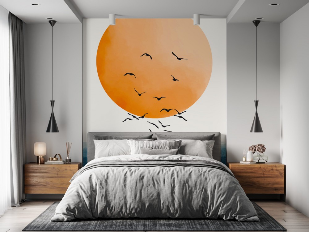 Dev Güneş ve Kuş Sürüsü Temalı Sanatsal Duvar Kağıdı