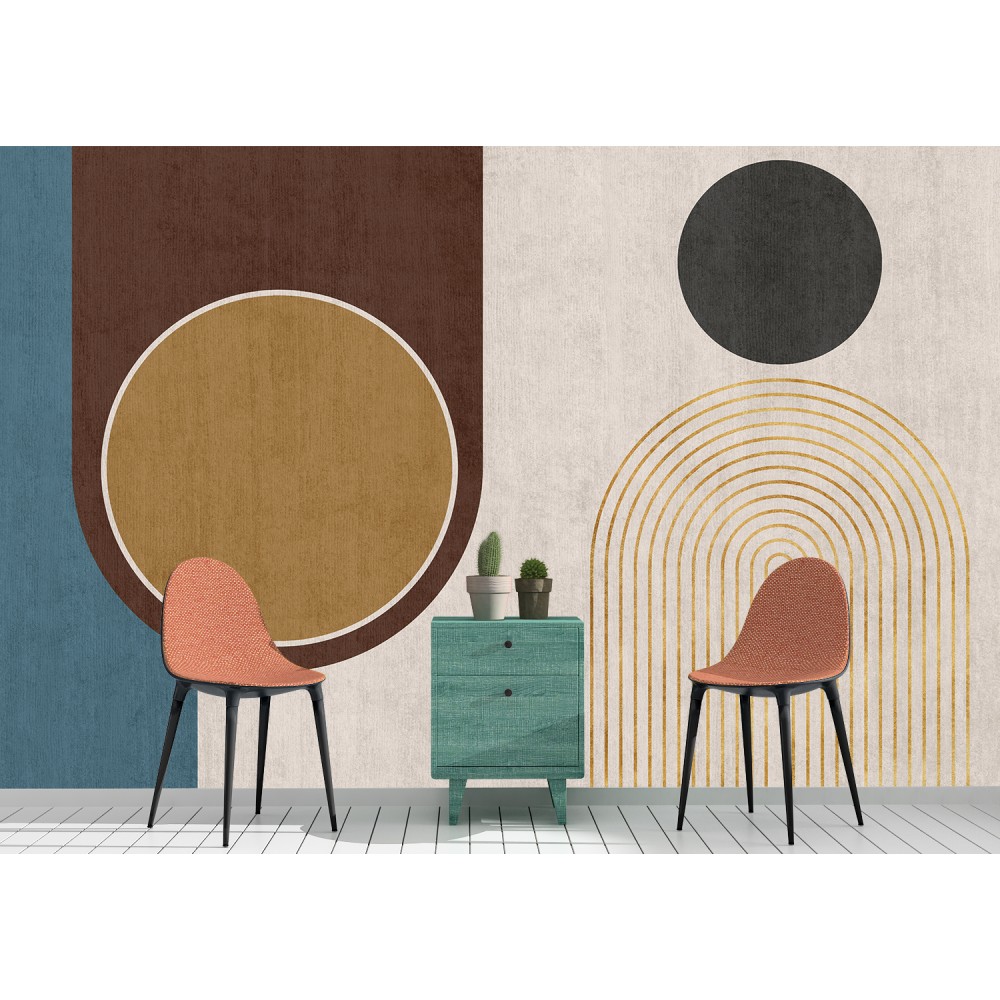 Bauhaus Tarzı Gold Kemerli ve Terrakotta Daireli Modern Duvar Kağıdı