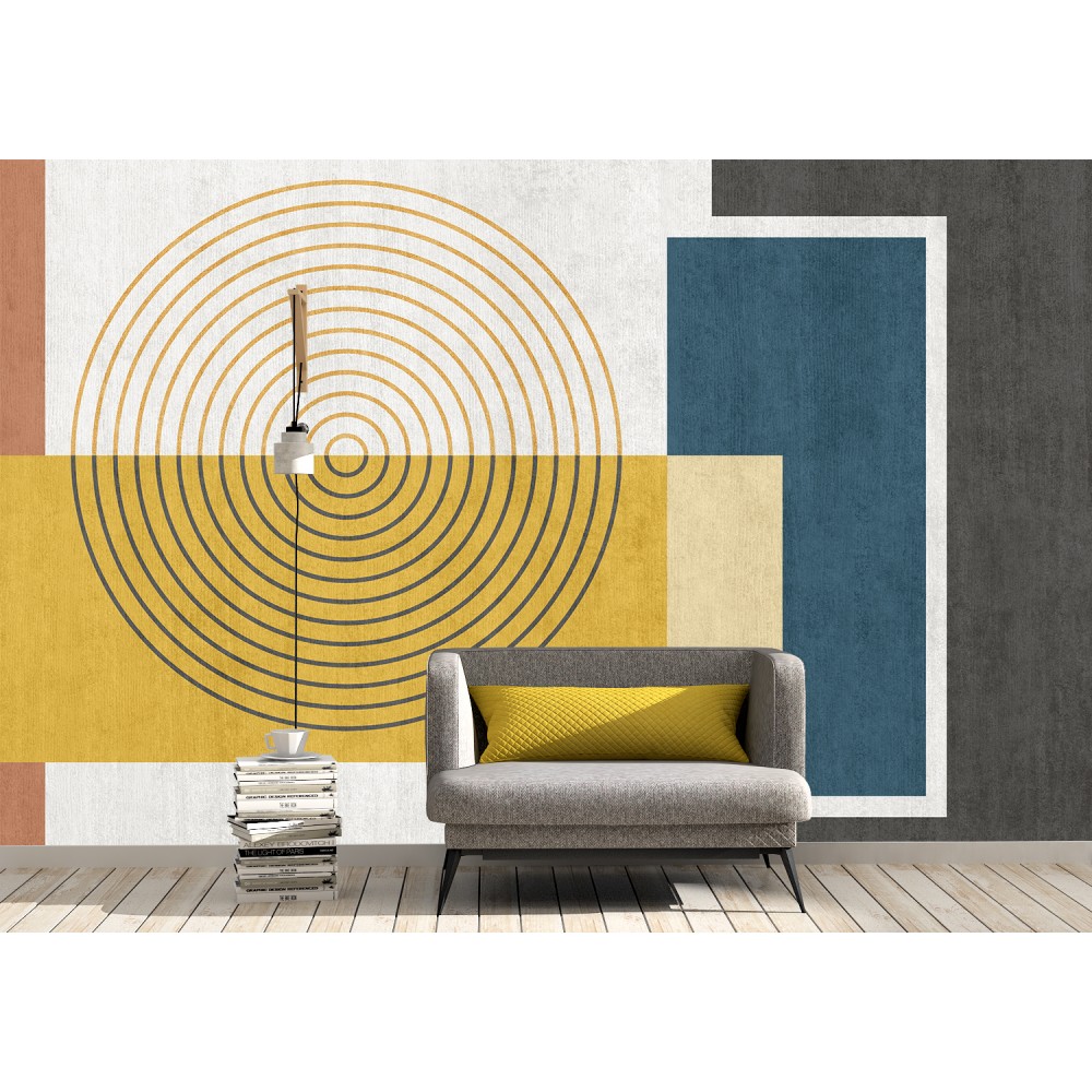 Büyük Geometrik Bloklu ve Halkalı Sanatsal Duvar Kağıdı