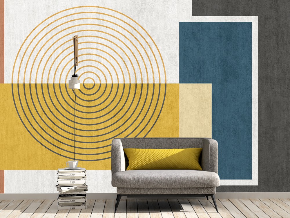 Büyük Geometrik Bloklu ve Halkalı Sanatsal Duvar Kağıdı