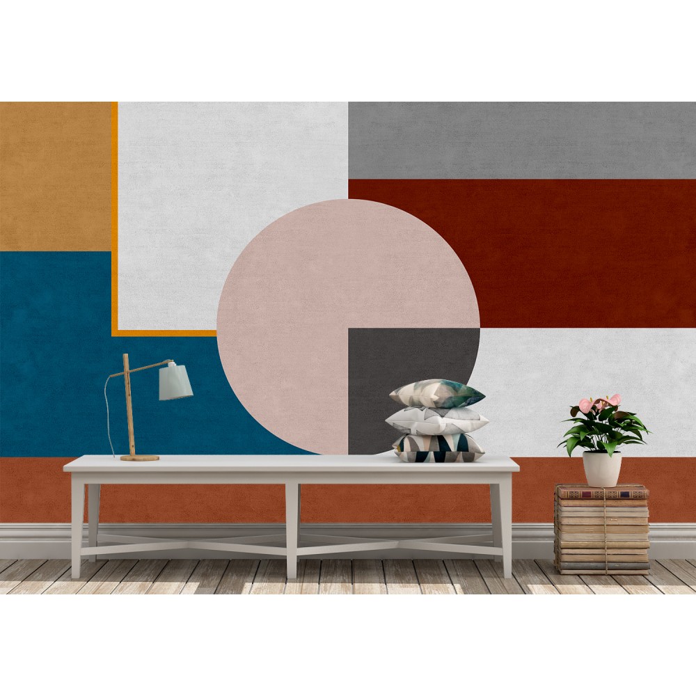 Bauhaus Tarzı Renk Bloklu ve Dev Daire Formlu Modern Duvar Kağıdı