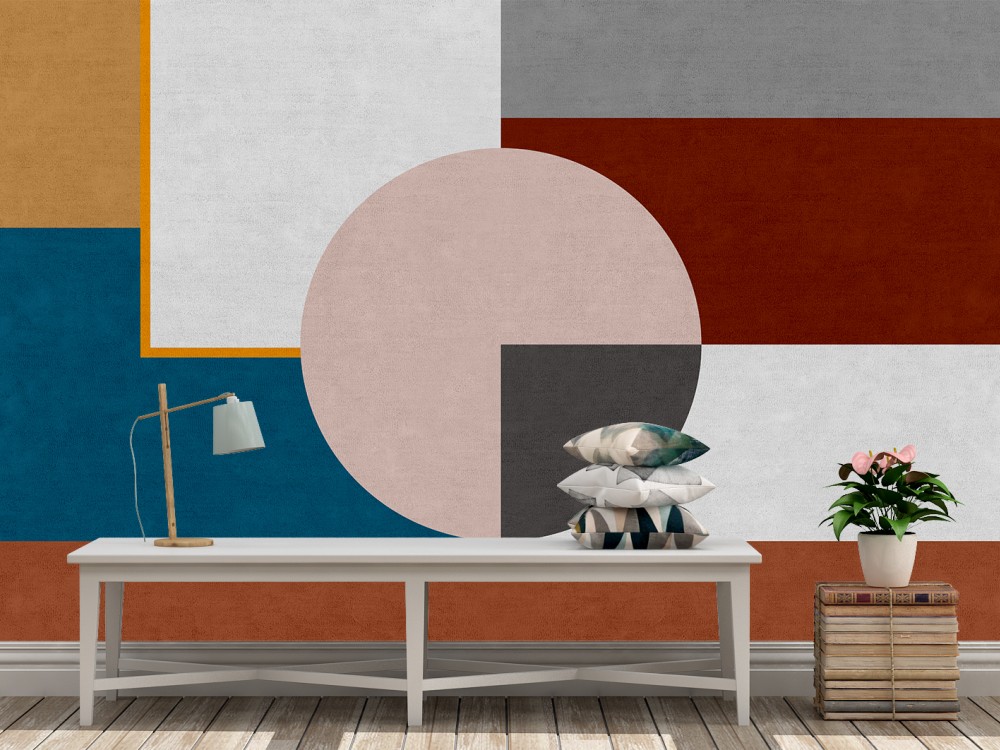 Bauhaus Tarzı Renk Bloklu ve Dev Daire Formlu Modern Duvar Kağıdı