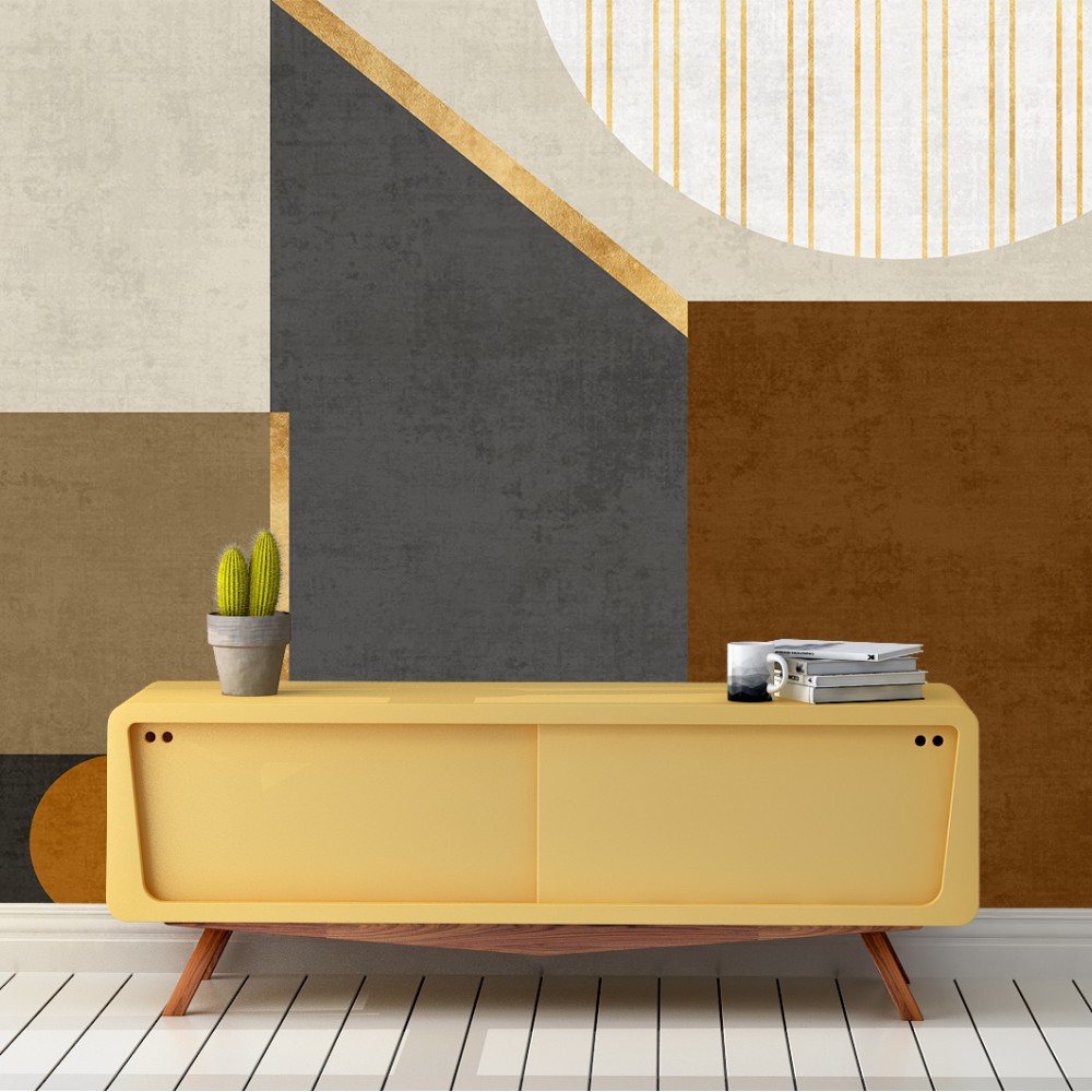 Hardal, Kahve ve Antrasit Bloklu Sanatsal Duvar Kağıdı