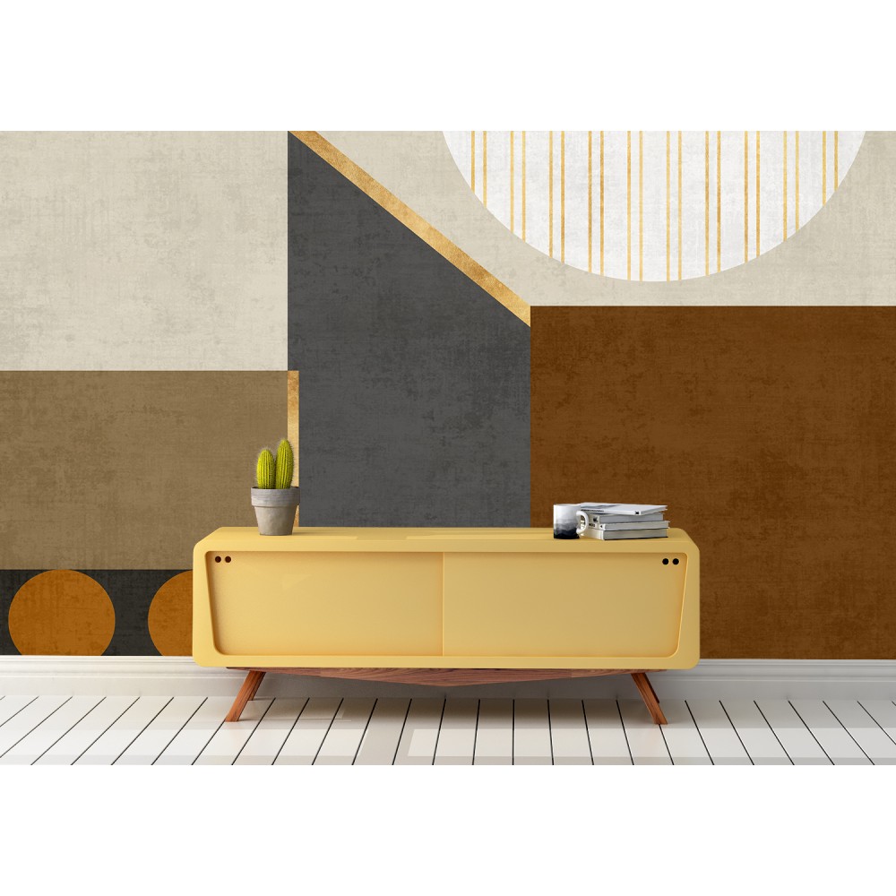 Hardal, Kahve ve Antrasit Bloklu Sanatsal Duvar Kağıdı