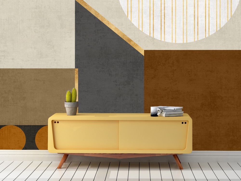 Hardal, Kahve ve Antrasit Bloklu Sanatsal Duvar Kağıdı