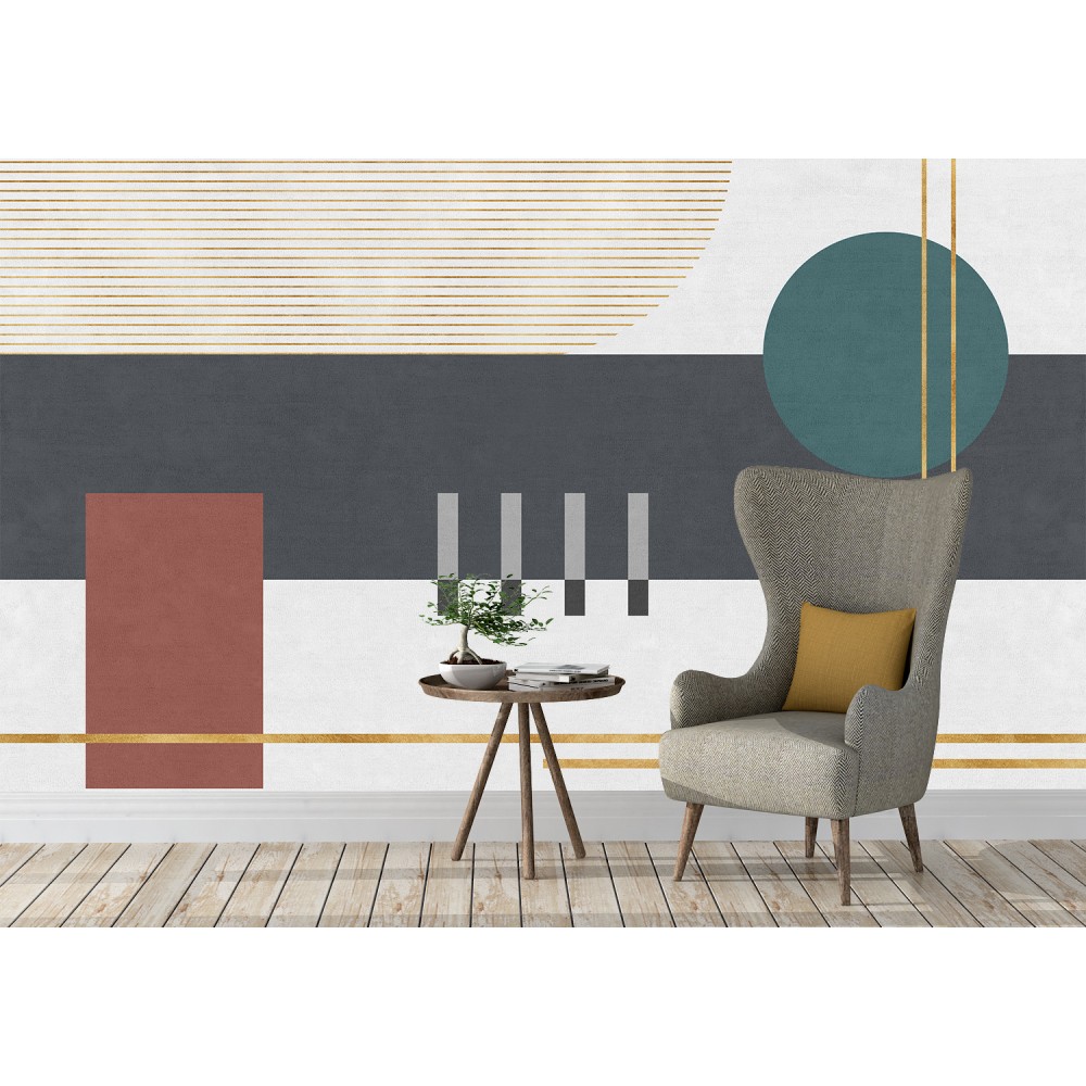 Bauhaus Tarzı Petrol Yeşili ve Altın Çizgili Modern Duvar Kağıdı