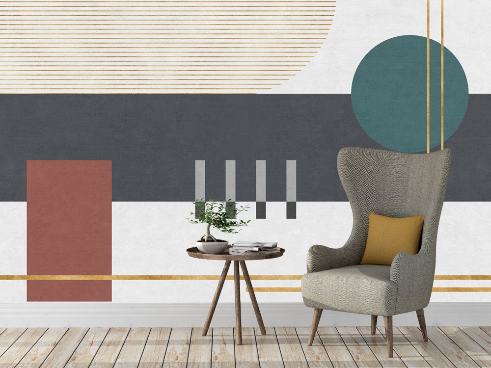 Bauhaus Tarzı Petrol Yeşili ve Altın Çizgili Modern Duvar Kağıdı