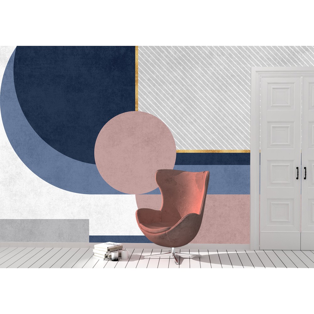 Lacivert ve Pudra Tonlu Dairesel Formlu Modern Duvar Kağıdı