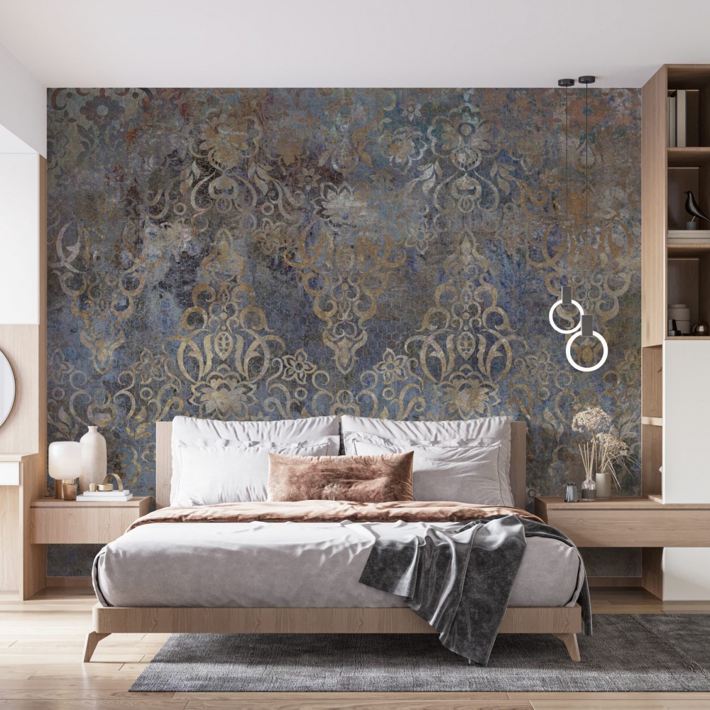 İndigo Mavi ve Antik Gold Eskitme Damask Duvar Kağıdı